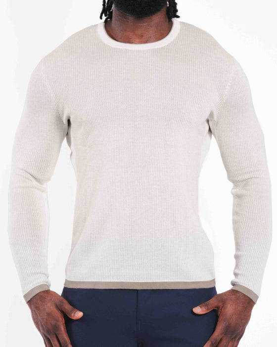 Lightweight Ribbed Knit Crewneck Sweater - Tan & Beige