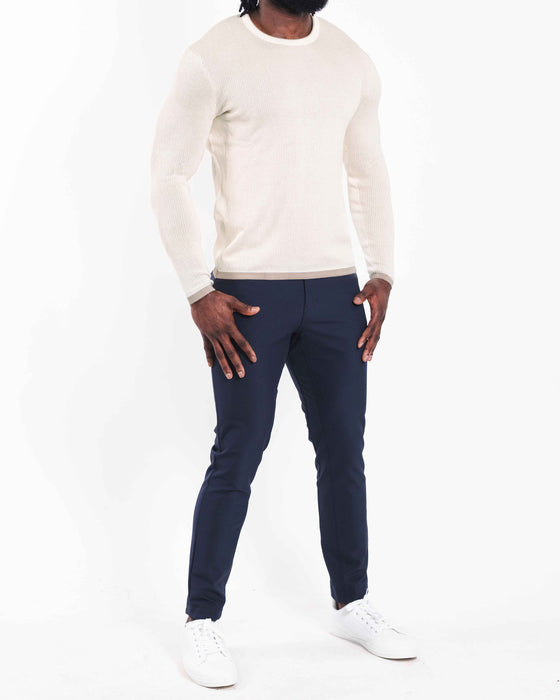 Lightweight Ribbed Knit Crewneck Sweater - Tan & Beige