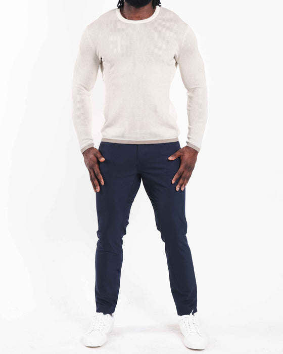 Lightweight Ribbed Knit Crewneck Sweater - Tan & Beige