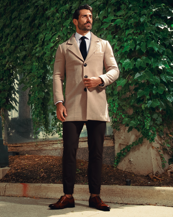 3 Button Overcoat - Tan Herringbone