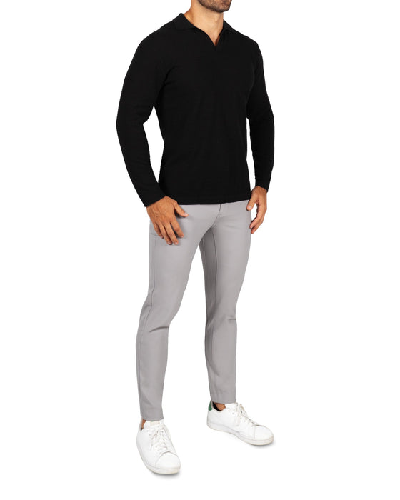 Textured Buttonless Long Sleeve Polo - Black