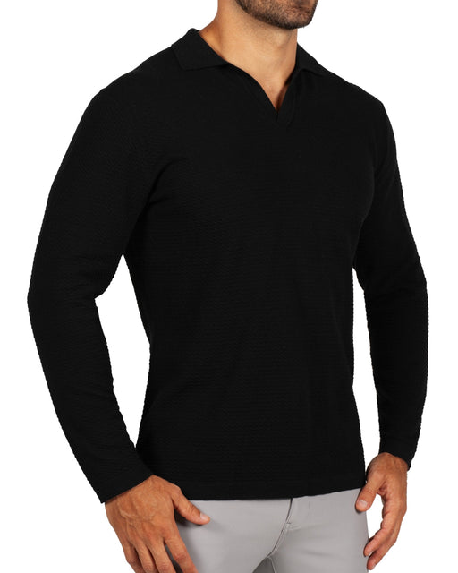 Textured Buttonless Long Sleeve Polo - Black