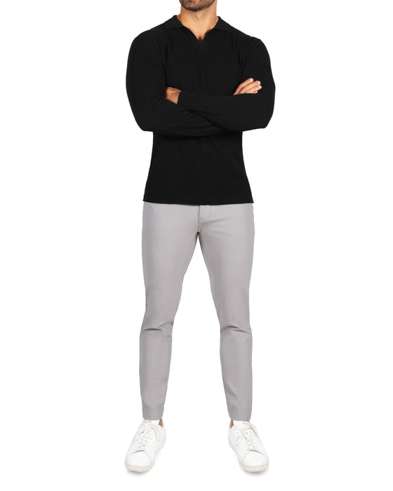 Textured Buttonless Long Sleeve Polo - Black