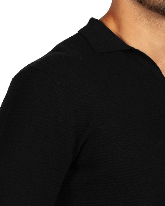 Textured Buttonless Long Sleeve Polo - Black