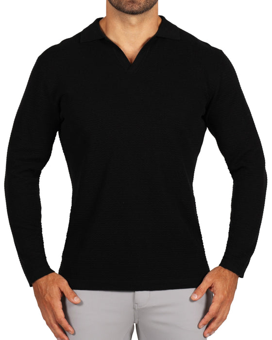 Textured Buttonless Long Sleeve Polo - Black