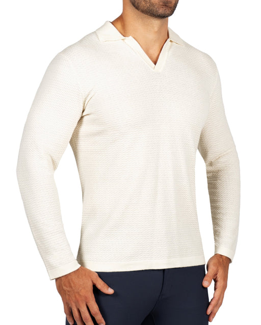 Textured Buttonless Long Sleeve Polo - Tan
