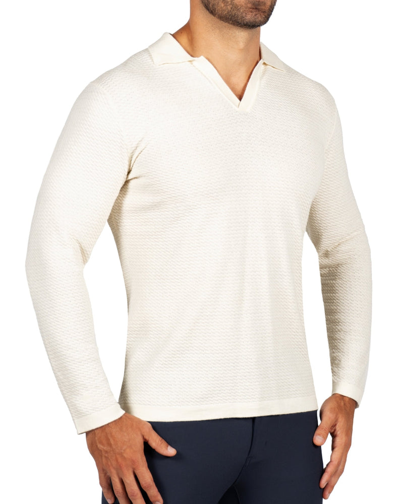 Textured Buttonless Long Sleeve Polo - Tan
