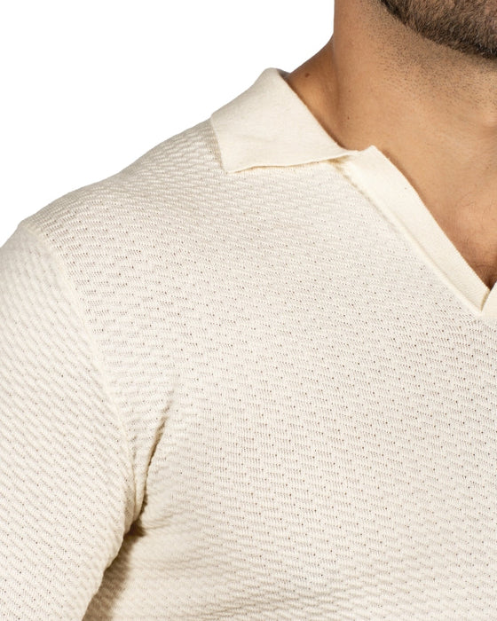 Textured Buttonless Long Sleeve Polo - Tan
