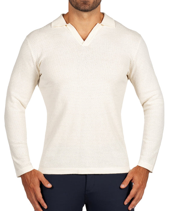 Textured Buttonless Long Sleeve Polo - Tan