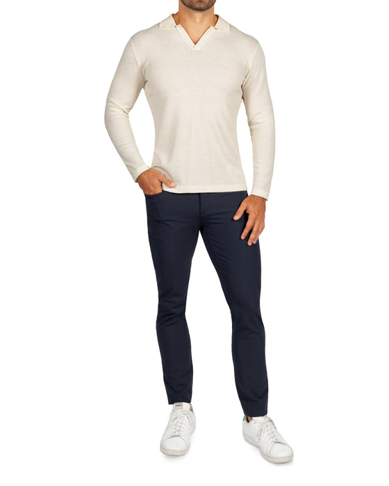 Textured Buttonless Long Sleeve Polo - Tan