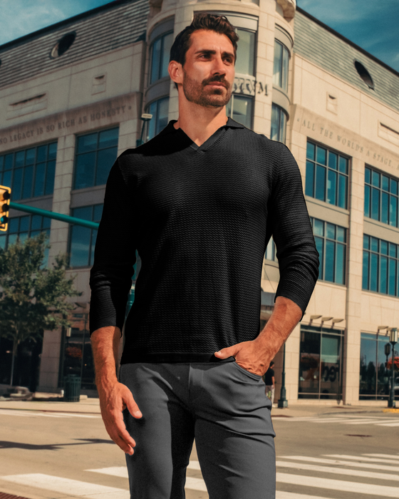 Textured Buttonless Long Sleeve Polo - Black