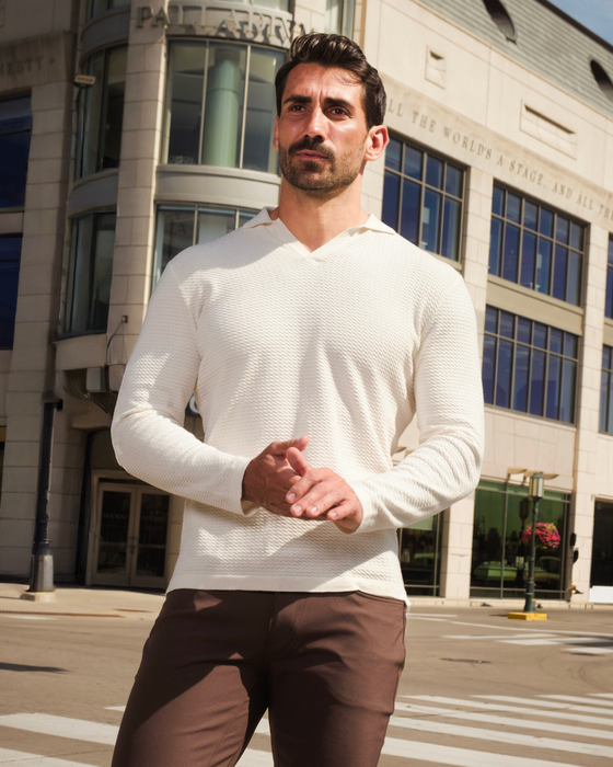 Textured Buttonless Long Sleeve Polo - Tan