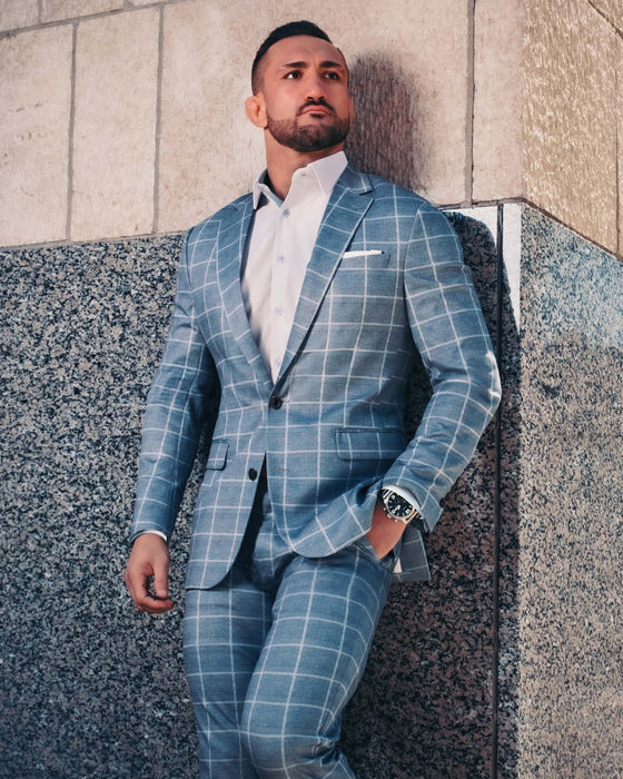 Athletic Fit Stretch Suit - Textured Light Blue with White Windowpane